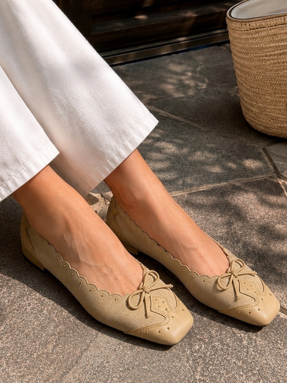 J Crew Sophie Ballet Flats Women‎ 8 Tan Suede Studded Scallop Square Toe CR928